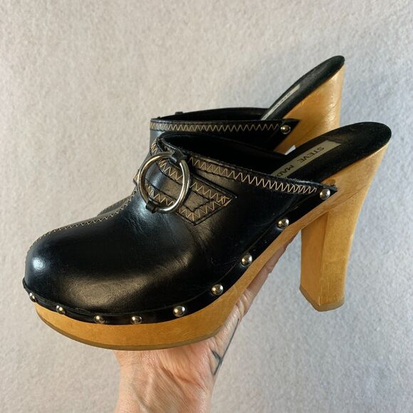 VTG 00s Steve Madden Women Y2K Wooden Platform Clogs Sz 6 Black Leather Studded - Picture 1 of 16